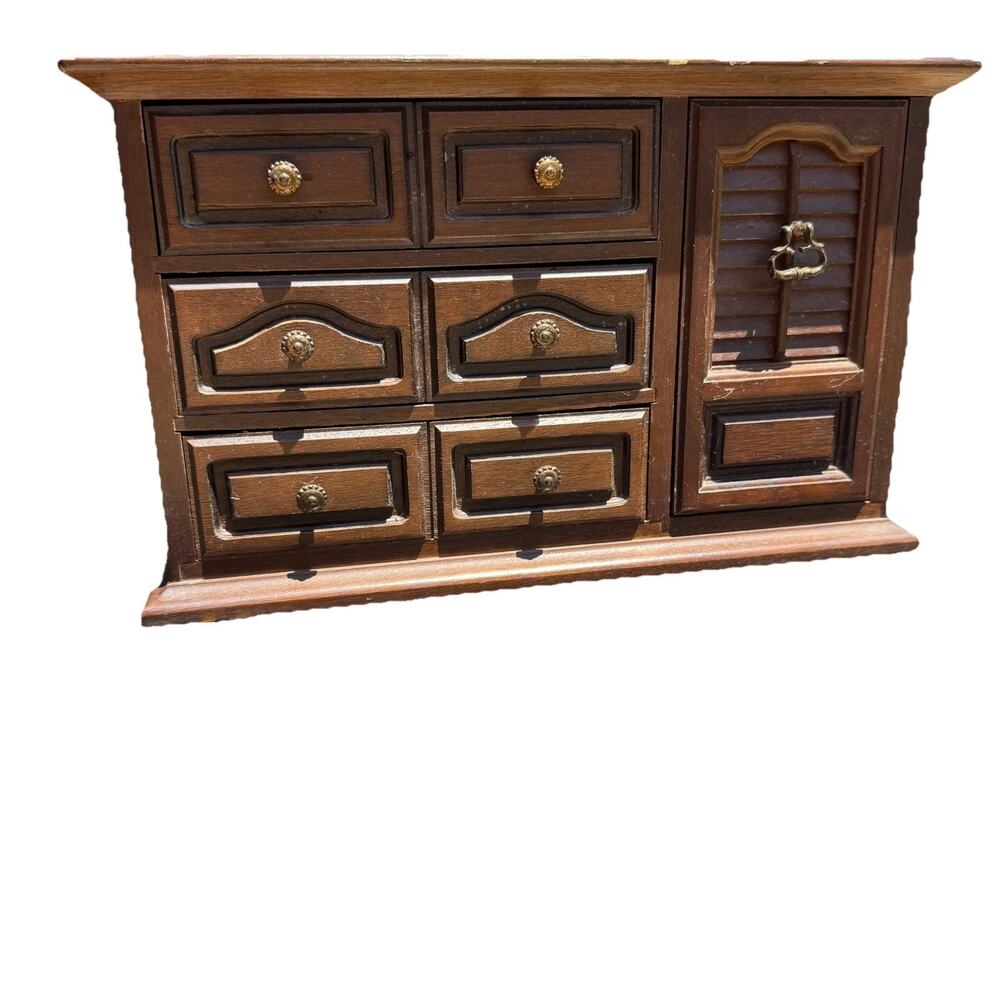 Vintage Wooden Jewelry Armoire Box 3 Drawer Ring Organizer Cabinet Walnut. Japan